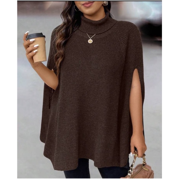 Cozy Ribbed Turtleneck Minimalist Poncho Sweater Top - Picture 7 of 7